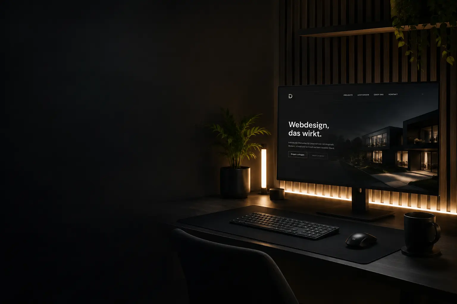 Moderner Arbeitsplatz eines Webdesign-Studios mit mehreren Monitoren