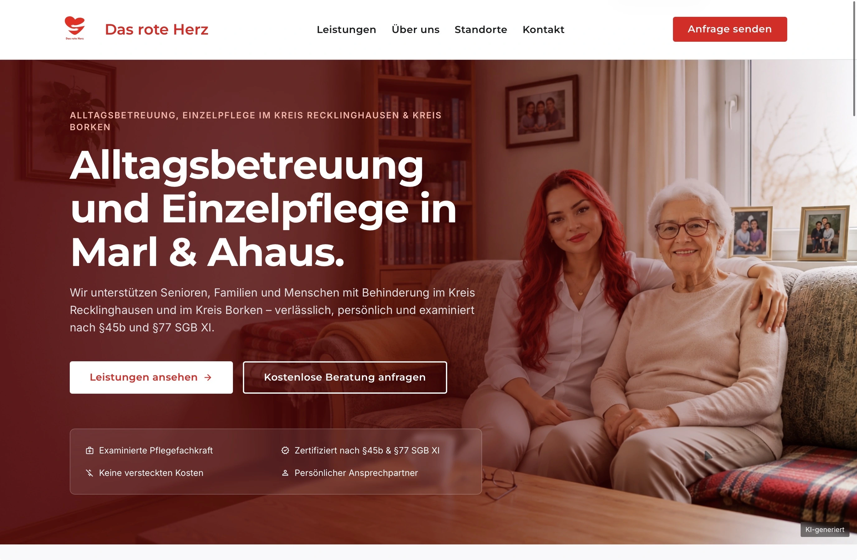 Ansicht der Website von Das rote Herz, Alltagsbetreuung und Pflege in Marl und Ahaus