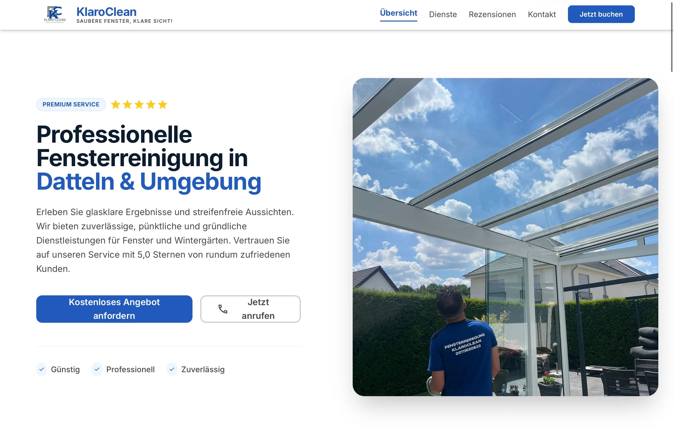 Ansicht der Website von KlaroClean, Fensterreinigung in Datteln